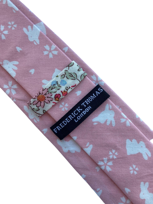 baby light pink cotton  tie with white bunny rabbit design